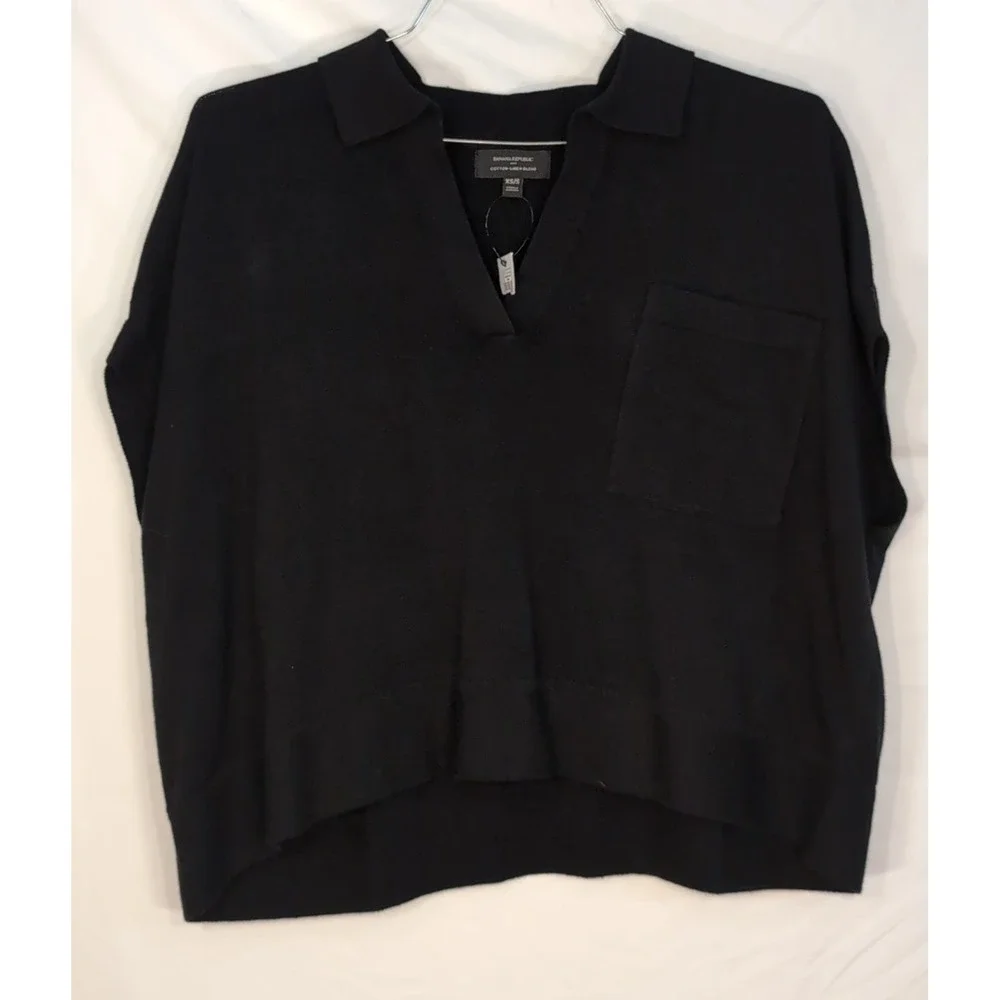 Banana Republic Black Cotton Linen Blend Polo Sweater Top 443002-04-1 XS/S